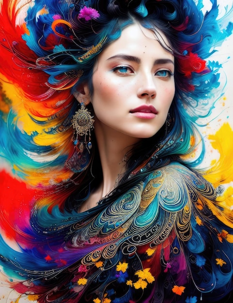 Una mujer con un cabello colorido que tiene un patrón de plumas.