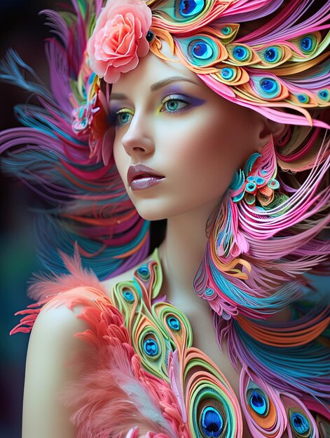 una mujer con cabello colorido y un sombrero colorido con plumas en la cabeza