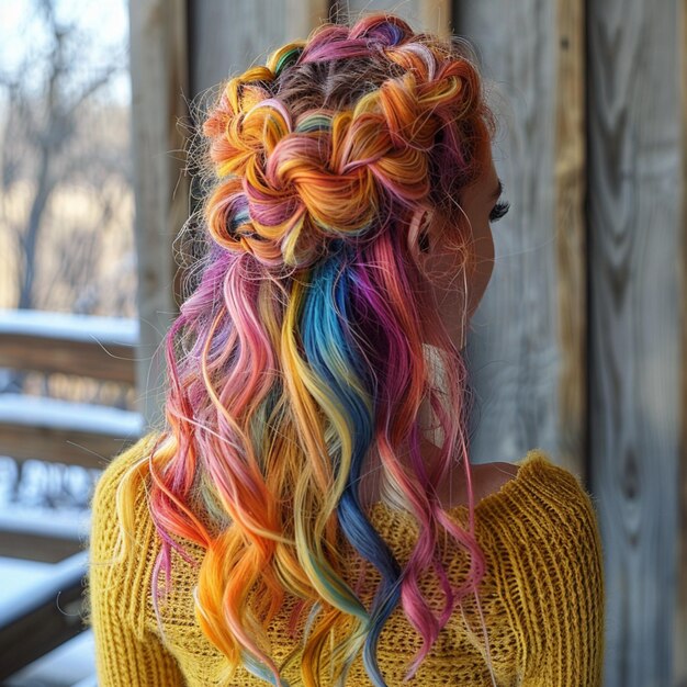 Foto una mujer con cabello colorido tiene cabello de color arco iris