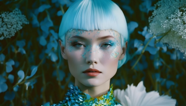 Una mujer con cabello corto y cabello azul con un patrón de pez en el frente.