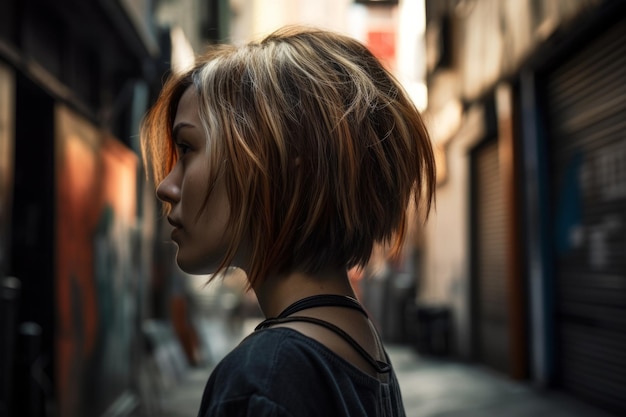 Una mujer con cabello corto se para en un callejón en melbourne