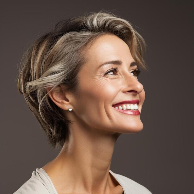 una mujer con el cabello corto y una camisa blanca con una sonrisa en la cara.