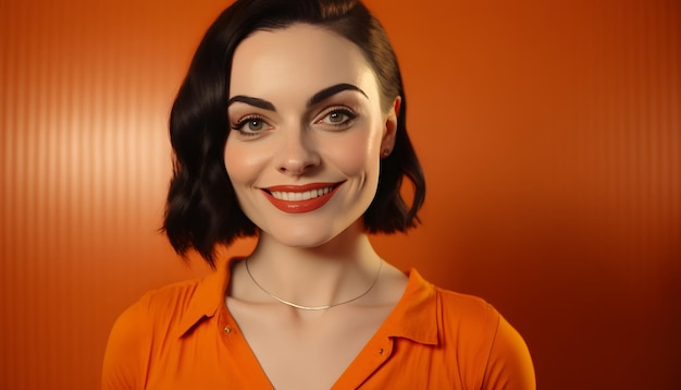 Una mujer con cabello corto y una camisa naranja brillante sonríe a la cámara.