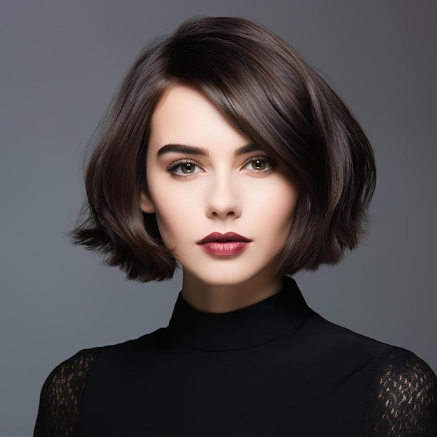 una mujer con el cabello corto y una camiseta negra está posando con un fondo gris.