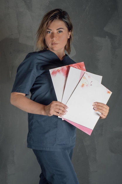 Mujer con cabello corto castaño sosteniendo tres certificados en la mano y apuntando a documentos de pie contra la pared gris Orgulloso joven profesional en uniforme azul demostrando evidencia Vertical