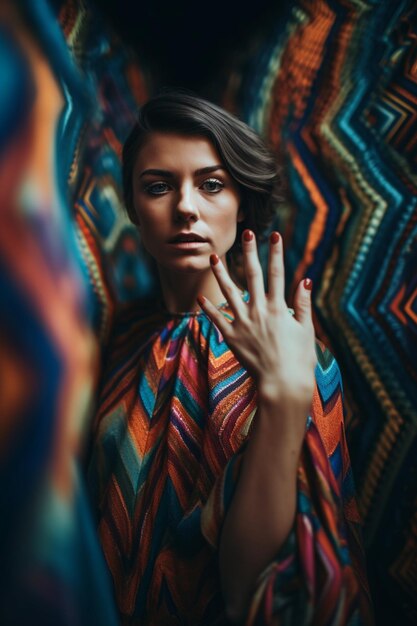 Una mujer con cabello corto y corte de pelo corto se para frente a una tela colorida.