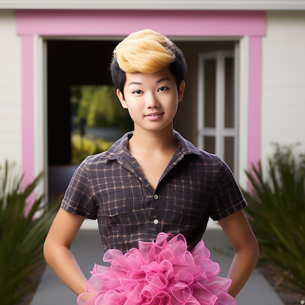 una mujer con el cabello corto y una flor rosa frente a una casa.