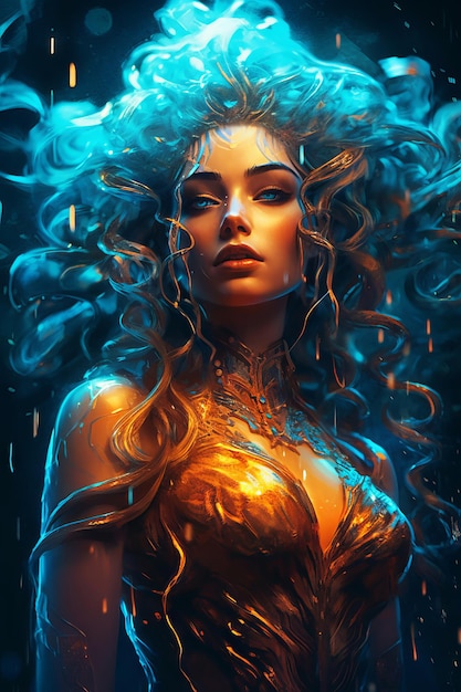 Una mujer con cabello dorado y fondo azul.