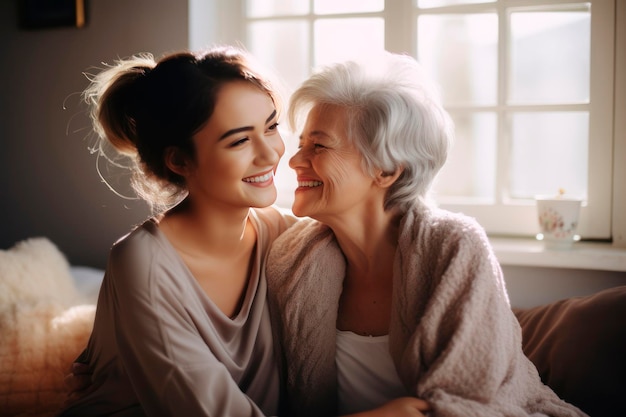 mujer de cabello gris abuela madre y hija adulta sentada cómodamente en el sofá y abrazándose