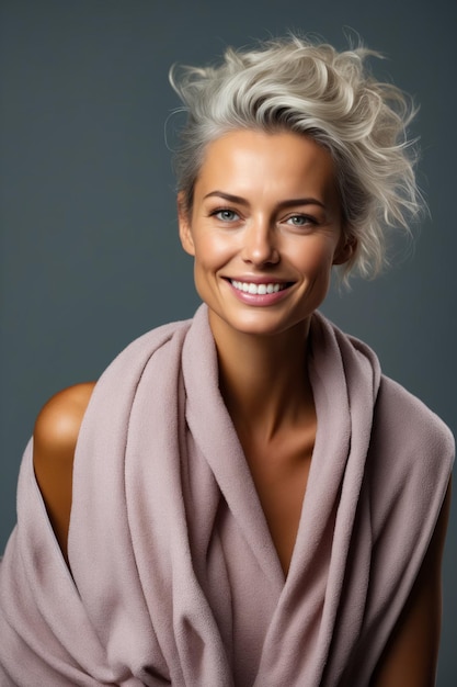 Mujer con cabello gris y bufanda alrededor del cuello IA generativa