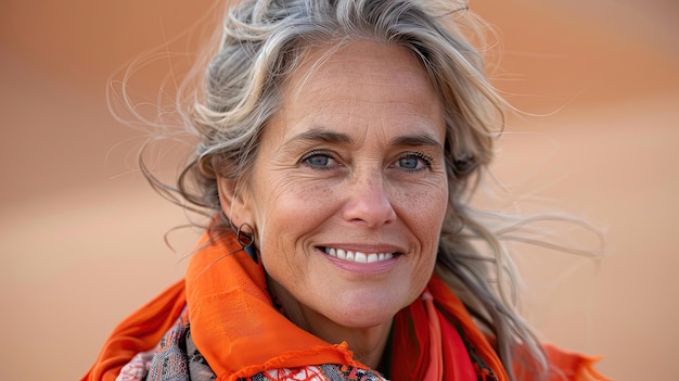 Una mujer con el cabello gris y una bufanda roja está sonriendo