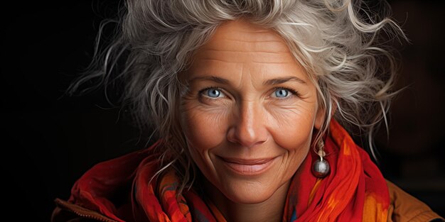 una mujer con cabello gris y una bufanda roja y naranja