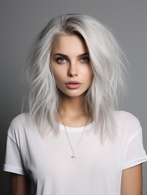 Foto una mujer con cabello gris y una camisa blanca con un collar