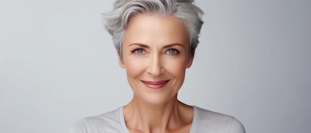 una mujer con cabello gris y una camisa blanca está sonriendo