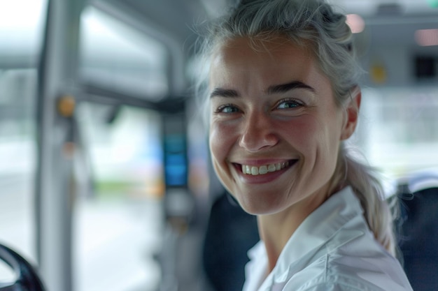 Foto una mujer con cabello gris y una camisa blanca está sonriendo