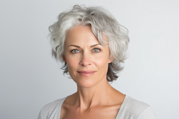 una mujer con cabello gris y una camisa blanca