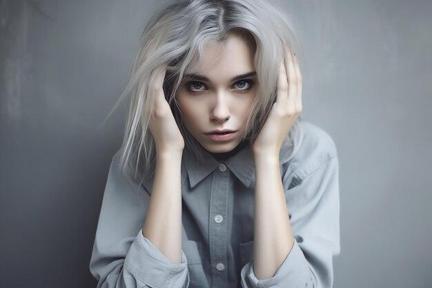 Una mujer con cabello gris y una camisa gris.