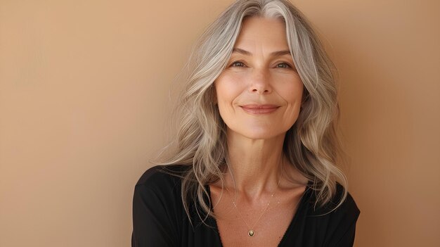 Una mujer con cabello gris y una camisa negra sonriendo a la cámara con un fondo bronceado y una pared bronceada