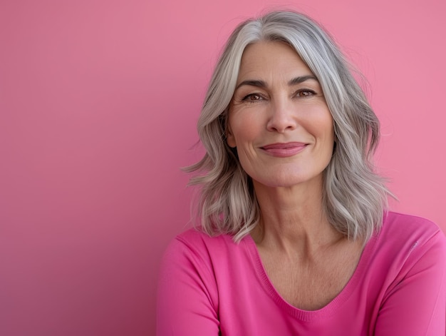 Una mujer con cabello gris y una camisa rosa.