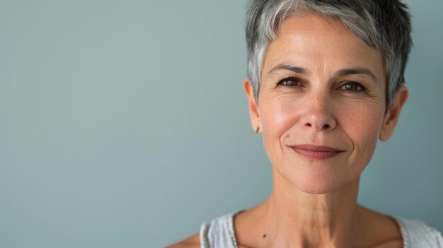 Una mujer de cabello gris y una camiseta blanca