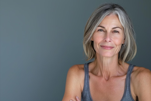 Una mujer con cabello gris y una camiseta gris