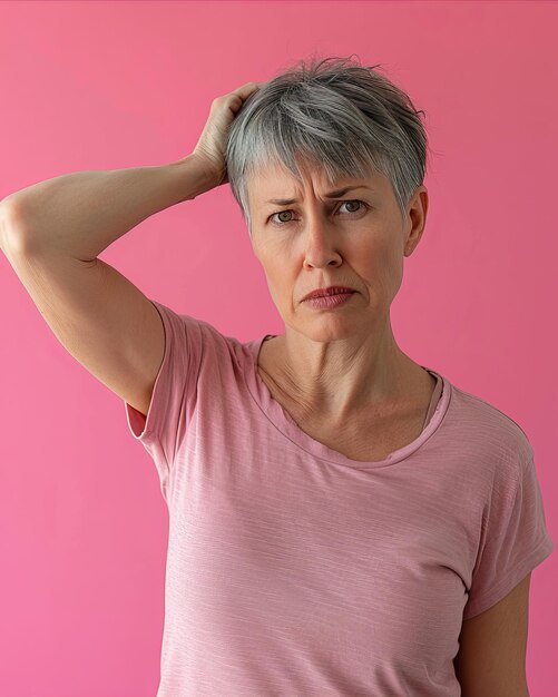 Una mujer de cabello gris y una camiseta rosa