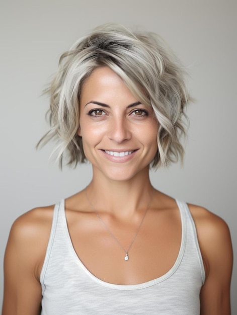 Foto una mujer de cabello gris y un collar que dice natural