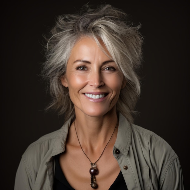 una mujer con cabello gris y un collar