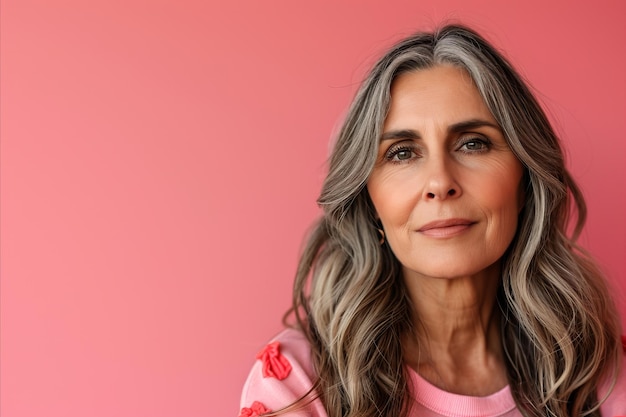 Una mujer con el cabello gris y un fondo rosa