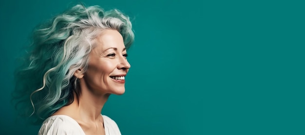 Una mujer con cabello gris y un fondo verde