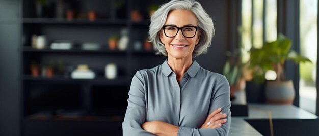 una mujer con cabello gris con gafas de pie frente a una ventana