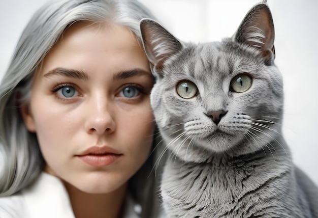 una mujer de cabello gris y un gato mirando a la cámara