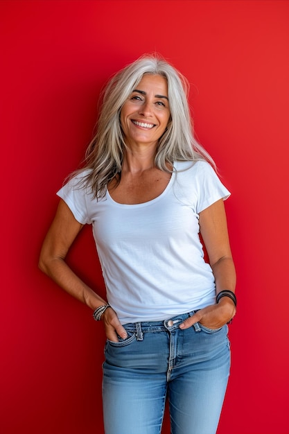 Una mujer con cabello gris y jeans parada contra una pared roja