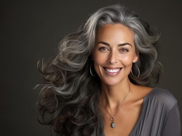 Mujer con cabello gris largo y grueso