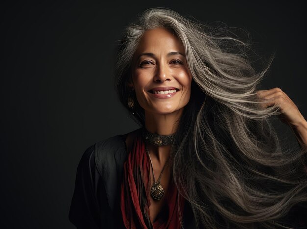 Mujer con cabello gris largo y grueso