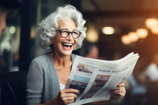 Foto una mujer de cabello gris lee un periódico y se ríe.