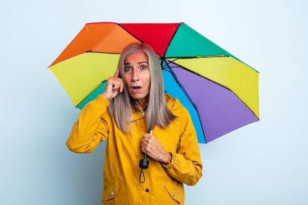 Mujer de cabello gris de mediana edad que parece sorprendida al darse cuenta de una nueva idea de pensamiento o concepto de paraguas y concepto de lluvia