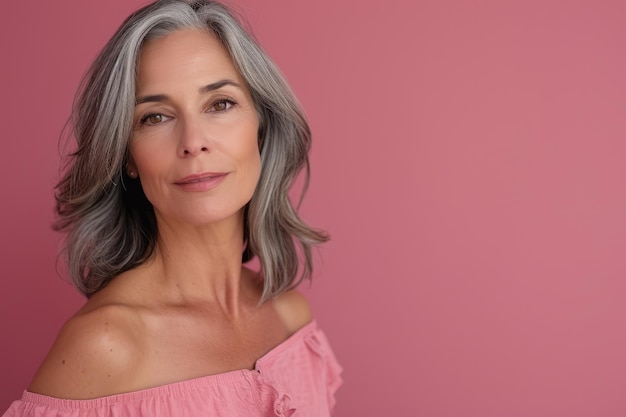 Foto una mujer de cabello gris posando contra un fondo rosa