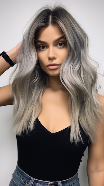 Mujer de cabello gris posando para la foto