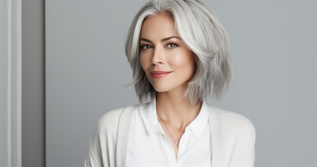 una mujer de cabello gris posando para una foto