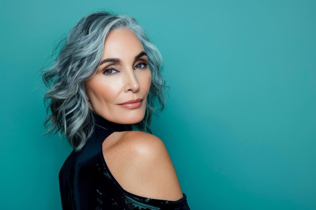 Foto una mujer con cabello gris posando sobre un fondo azul.