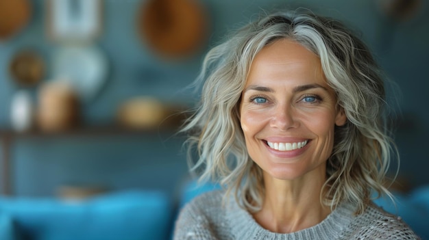 Mujer de cabello gris sonriendo a la cámara