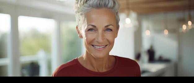 una mujer con cabello gris sonriendo a la cámara