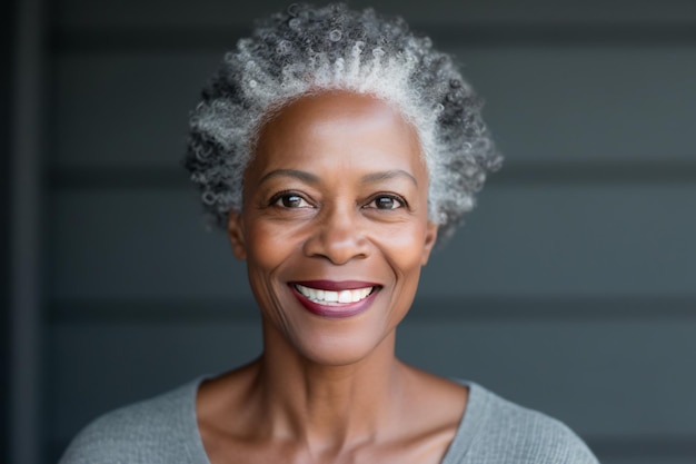 una mujer con el cabello gris sonriendo para una foto