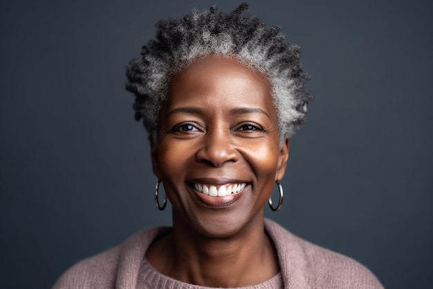 una mujer con el cabello gris sonriendo para una foto