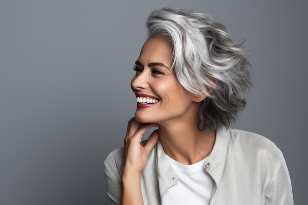 Una mujer de cabello gris sonriendo.