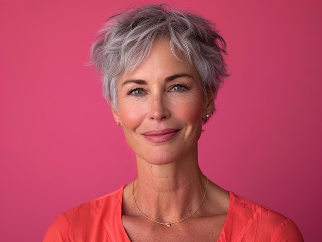 Una mujer con cabello gris y un top naranja.