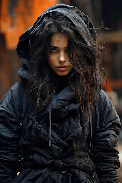 una mujer de cabello largo con un abrigo negro