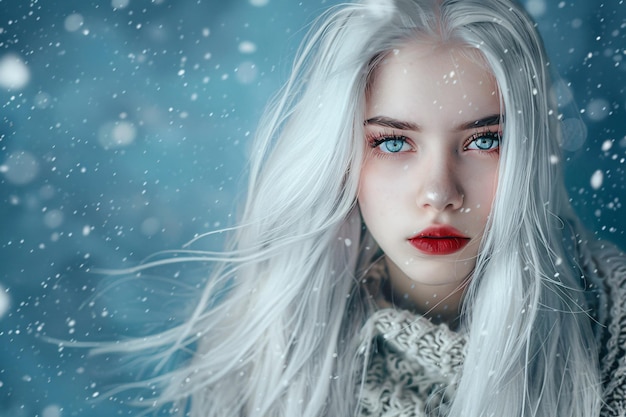 Una mujer con cabello largo y blanco y lápiz labial rojo.