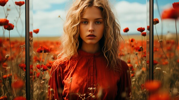 mujer de cabello largo en el bosque de otoño